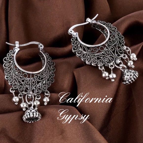 Gypsy boho etched scroll bell earrings - Picture 1 of 6